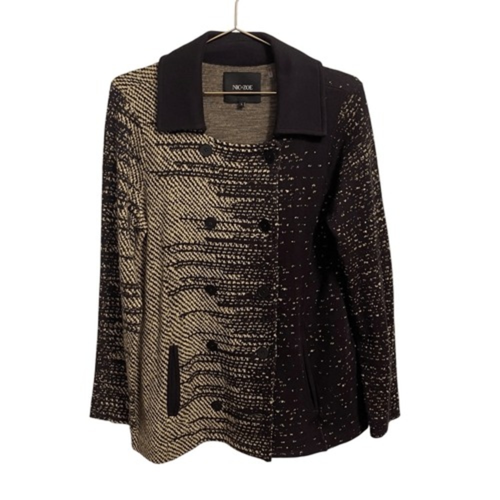 NIC+ZOE Black Tan Mixed Print Double Breasted Knit Jacket Large Office